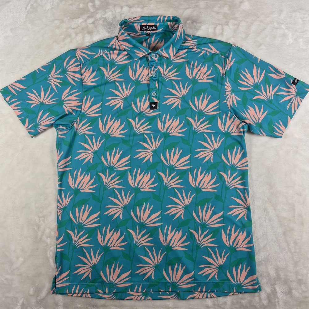 Bad Birdie Polo Shirt Men's Large Blue Leaf Floral Performance Stretch‎ Golf